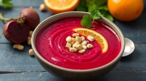Пошаговый рецепт супа из свеклы с апельсином и орехами.