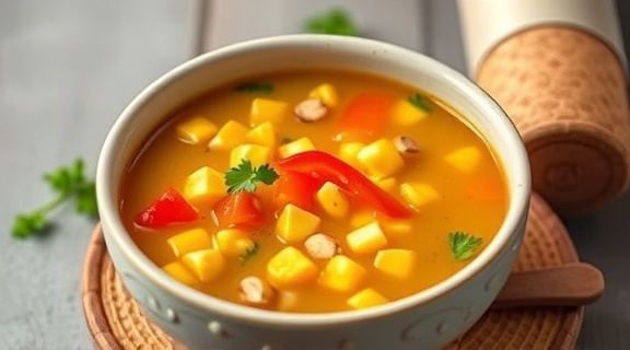 Пошаговый рецепт супа с кукурузой и сладким перцем.