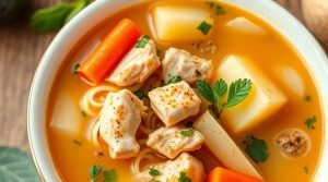 Пошаговый рецепт супа из курицы с овощами и лапшой.