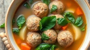 Пошаговый рецепт супа с фрикадельками и шпинатом.