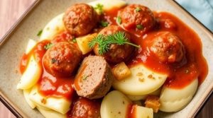 Тефтели из говядины с картофельным пюре и томатным соусом: пошаговый рецепт.