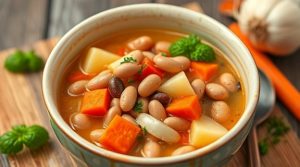 Пошаговый рецепт супа с консервированной фасолью и овощами.