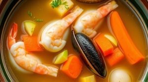 Пошаговый рецепт бульона с морепродуктами и пряными травами.