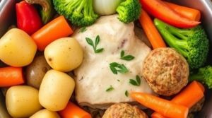 Запеченные овощи с куриными фрикадельками: пошаговый рецепт.