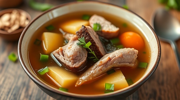 Пошаговый рецепт бульона с мясом и кореньями.