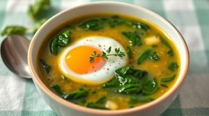 Пошаговый рецепт супа с шпинатом и яйцом-пашот.