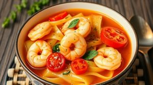 Пошаговый рецепт супа с пастой и креветками.