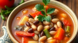 Пошаговый рецепт супа с перцем и фасолью в восточном стиле.