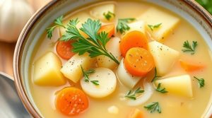 Пошаговый рецепт картофельного супа с чесноком и укропом.