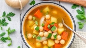 Пошаговый рецепт овощного супа с нутом и зеленью.