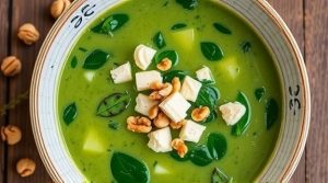 Пошаговый рецепт супа из шпината с фетой и орехами.