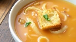 Пошаговый рецепт лукового супа с сыром и гренками.