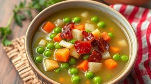 Пошаговый рецепт супа с горохом и копченым беконом.