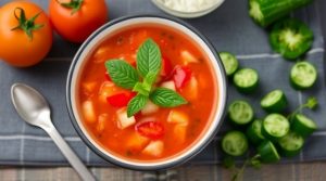 Пошаговый рецепт гаспачо с огурцом и сладким перцем.