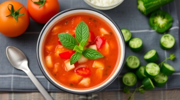 Пошаговый рецепт гаспачо с огурцом и сладким перцем.