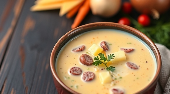 Пошаговый рецепт сырного супа с колбасками