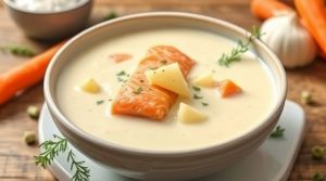 Пошаговый рецепт супа с лососем и картофелем в сливках.