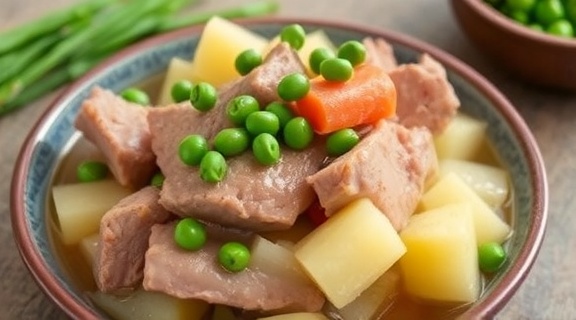 Тушеная свинина с картошкой и зеленым горошком: пошаговое руководство.