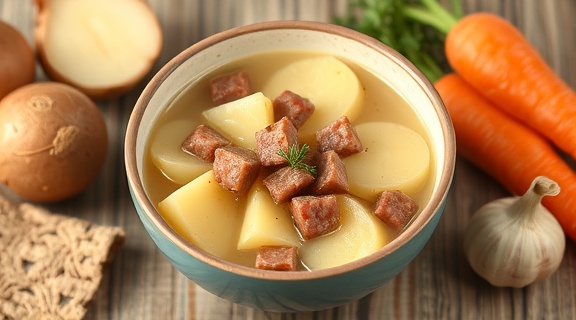 Пошаговый рецепт супа с картофелем и копченостями.
