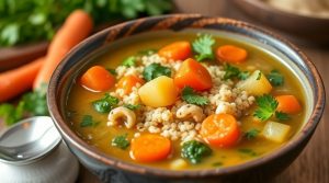 Пошаговый рецепт овощного супа с киноа и зеленью.