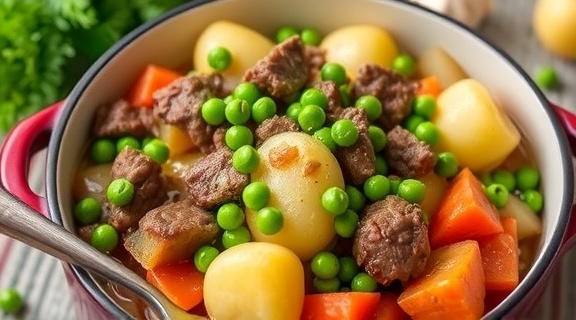Говядина с картофелем и зеленым горошком в горшочке: пошаговое руководство.