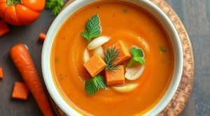 Пошаговый рецепт супа с морковью и перцем в восточном стиле.