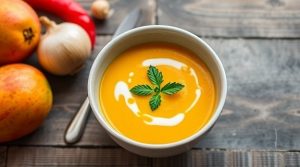 Пошаговый рецепт остро-сладкого супа из манго и кокоса.