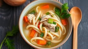 Пошаговый рецепт куриного супа с лапшой и зеленью.