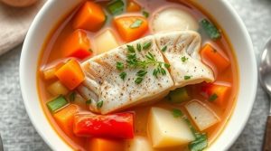 Пошаговый рецепт похлебки с рыбой и овощами.