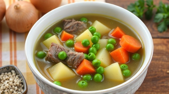 Пошаговый рецепт супа из копченого мяса с картофелем и горошком.