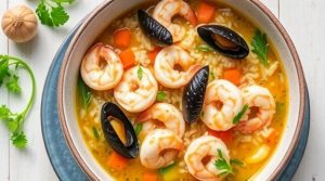 Пошаговый рецепт супа с рисом и морепродуктами.