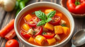 Пошаговый рецепт супа с перцем и томатами в итальянском стиле.