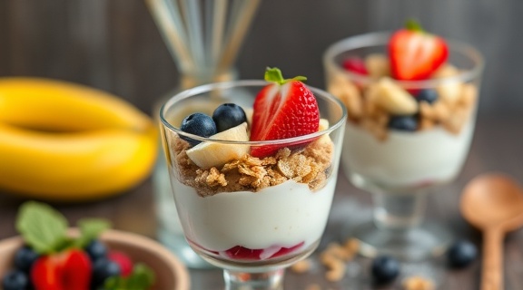 Пошаговый рецепт “Фруктового парфе” с йогуртом и гранолой.