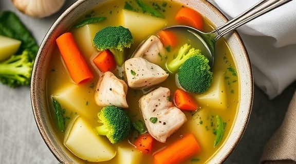 Пошаговый рецепт супа с брокколи и куриным филе.