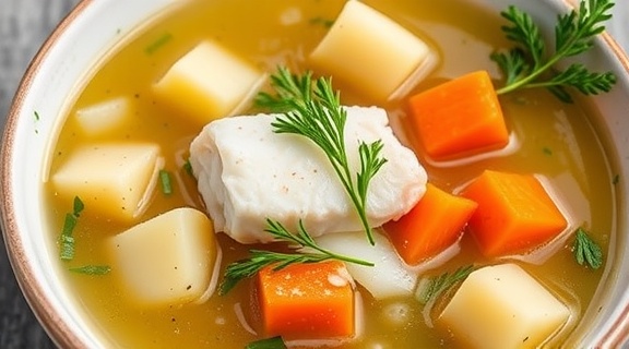 Пошаговый рецепт рыбного супа с картофелем и укропом.