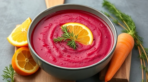 Пошаговый рецепт свекольного супа с апельсином и укропом.