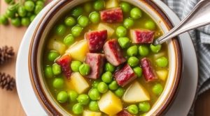 Пошаговый рецепт сытного горохового супа с копченостями.