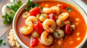 Пошаговый рецепт супа с морепродуктами и томатами.