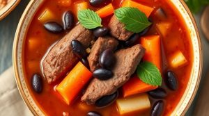 Пошаговый рецепт пряного супа с говядиной и черной фасолью.