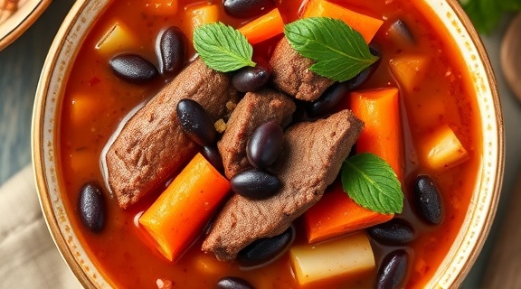 Пошаговый рецепт пряного супа с говядиной и черной фасолью.