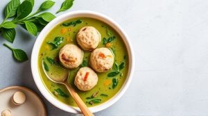 Пошаговый рецепт супа-пюре из шпината с куриными фрикадельками.