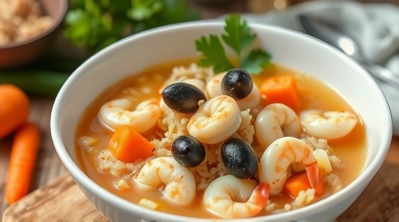 Пошаговый рецепт супа с морепродуктами и рисом.