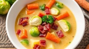Пошаговый рецепт супа с брюссельской капустой и беконом.