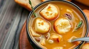 Пошаговый рецепт лукового супа с сыром и гренками.