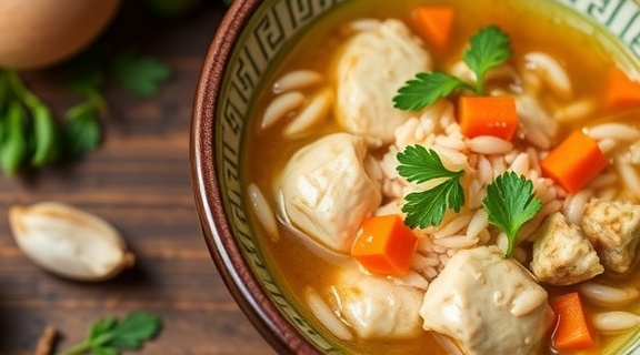 Пошаговый рецепт супа с рисом и курицей в азиатском стиле.