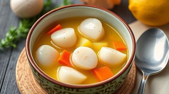 Пошаговый рецепт супа с морскими гребешками и лимоном.