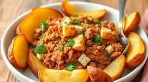 Запеченные картофельные дольки с куриным фаршем: пошаговый рецепт.