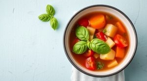 Пошаговый рецепт овощного супа с базиликом и помидорами.