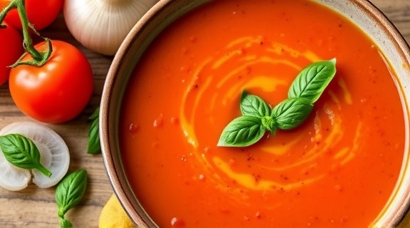 Пошаговый рецепт томатного супа с базиликом и оливковым маслом.