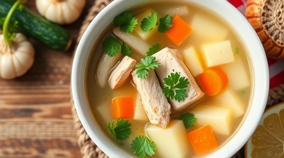 Пошаговый рецепт супа с цукини и куриным филе.